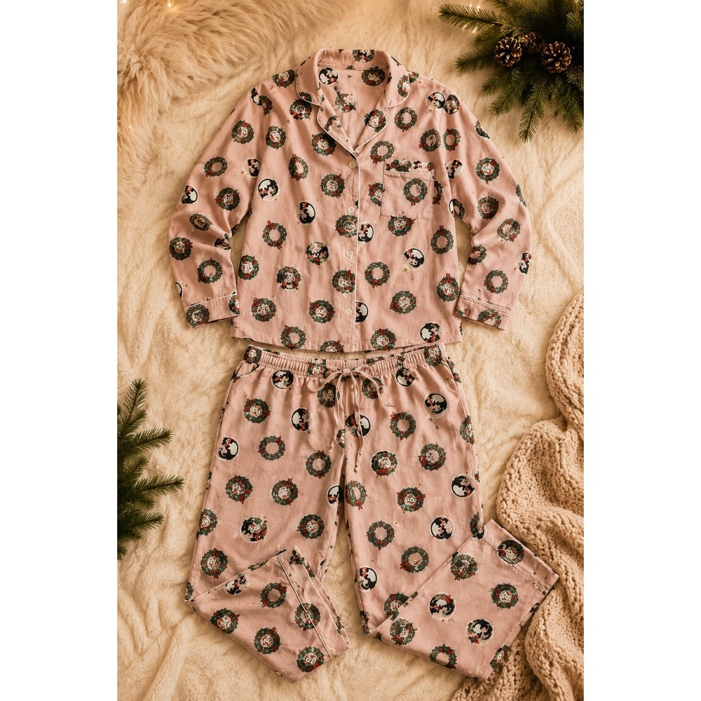 La Vie en Rose Pink Christmas Flannel Pajama Set XXL Cotton Holiday Sleepwear